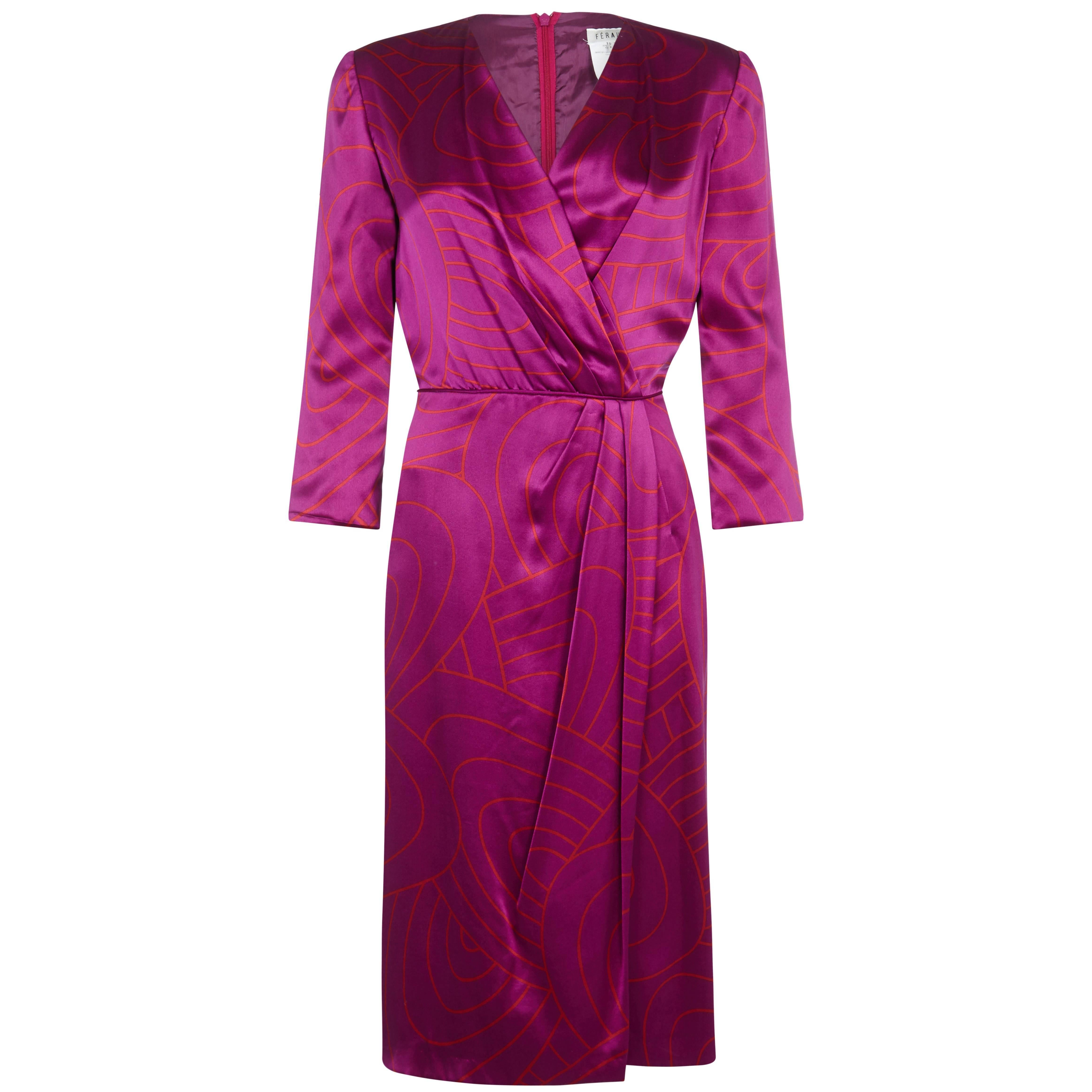 1990s Louis Feraud Hot Pink Silk Dress With Wrap Around Detail
