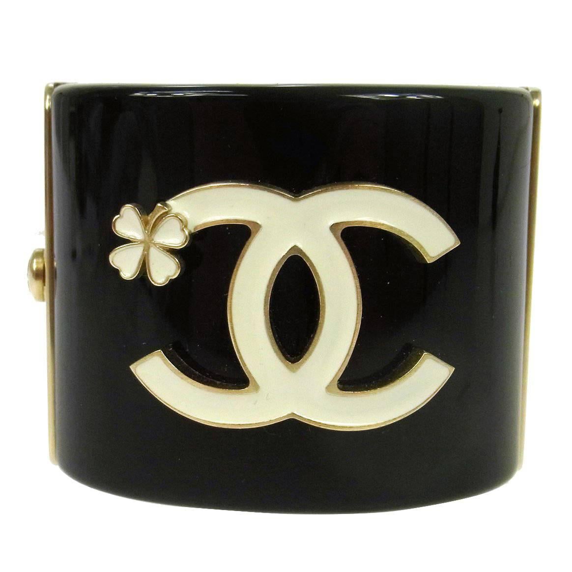 Chanel Like New Black Gold Clover Charm Evening Cuff Bracelet
