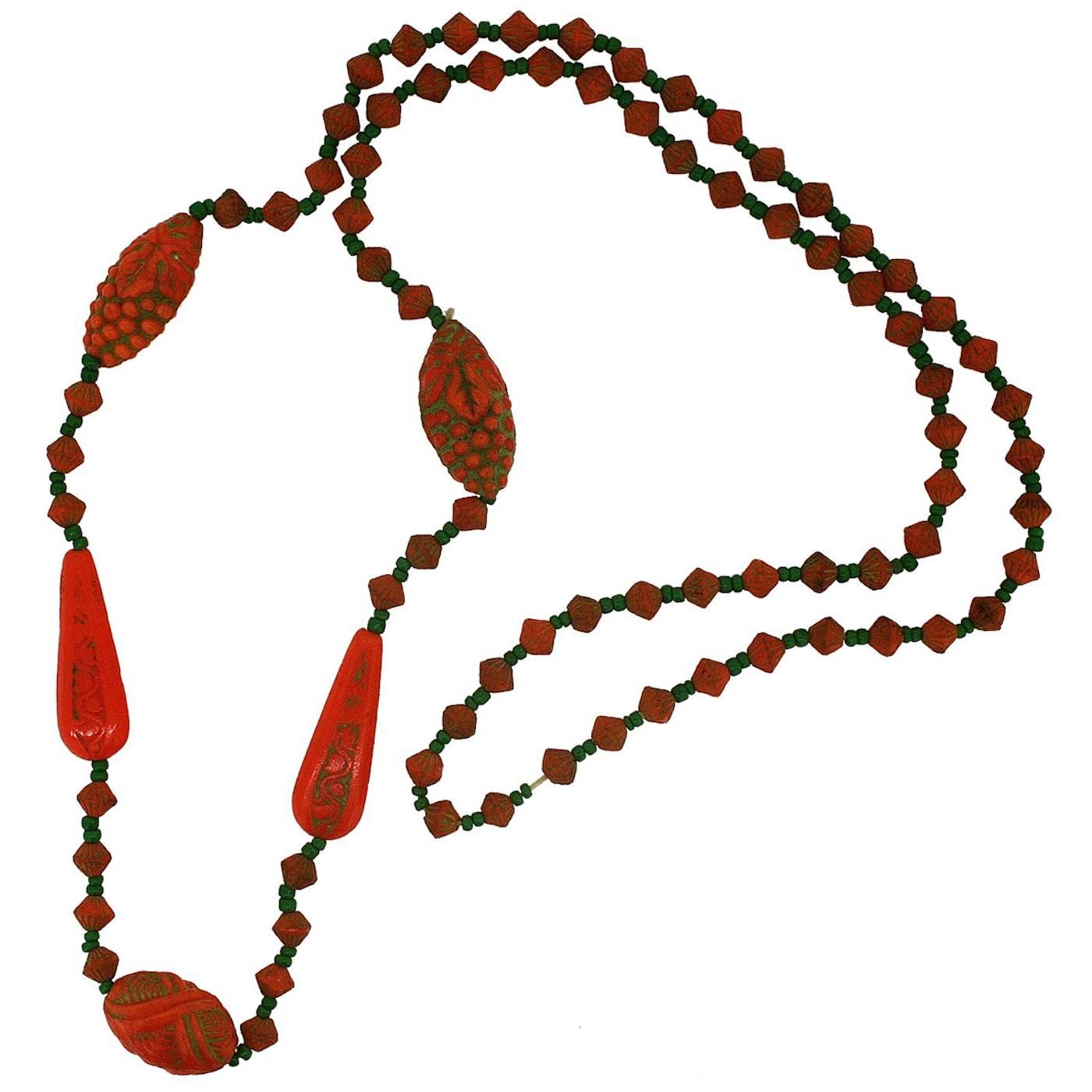 Max Neiger 1920s Orange and Green Glass Vintage Necklace For Sale