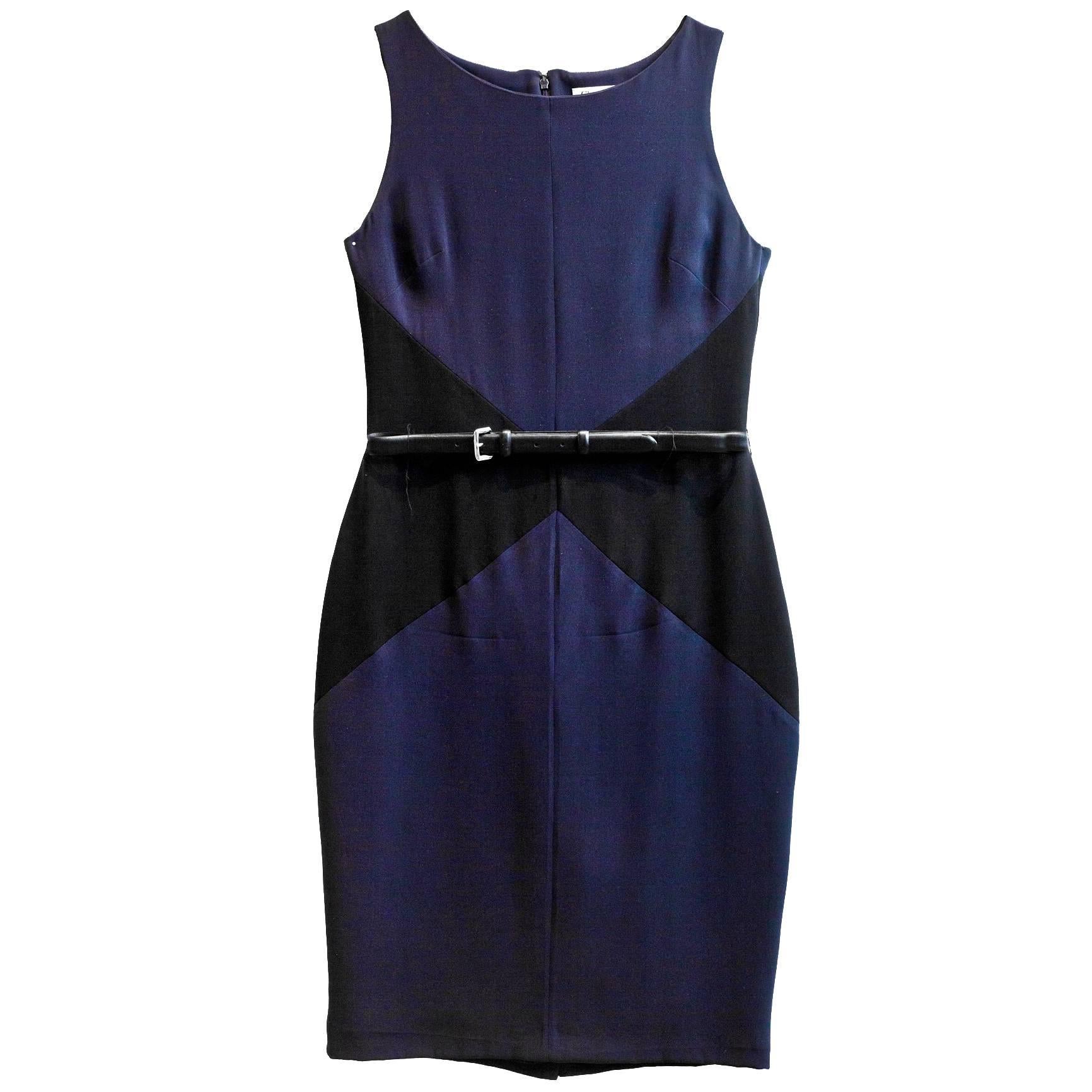 Christian Dior Navy & Black Silk Sheath Dress w/ Belt Sz 6