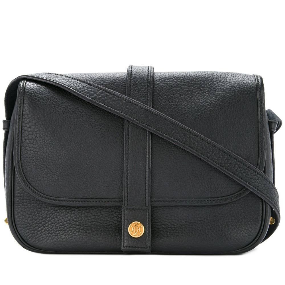 Hermes Black Leather Gold Hardware Saddle Carryall Flap Shoulder Bag