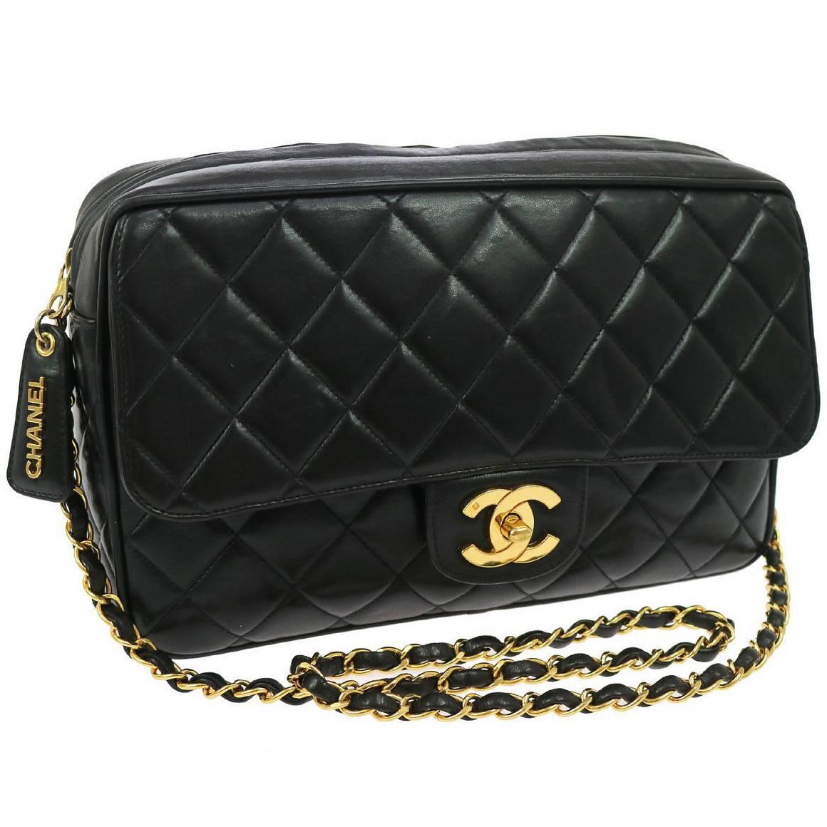Chanel Black Lambskin Quilted Camera Flap Evening Crossbody Shoulder Bag