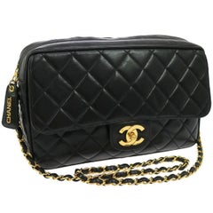 Vintage Chanel Black Lambskin Quilted Camera Flap Evening Crossbody Shoulder Bag