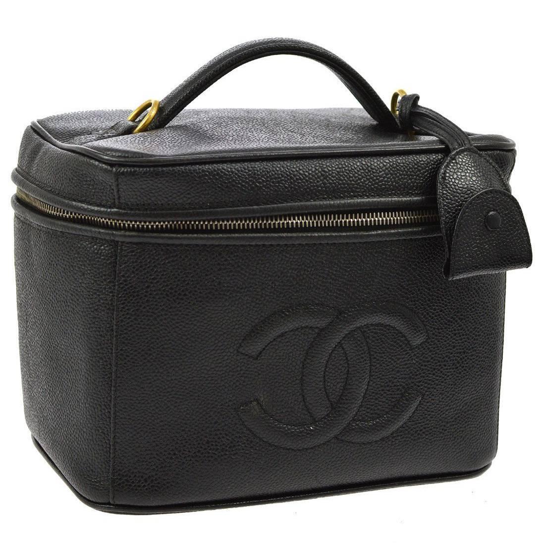 Chanel Black Caviar Top Handle Satchel Carryall Beauty Vanity Travel Case Bag