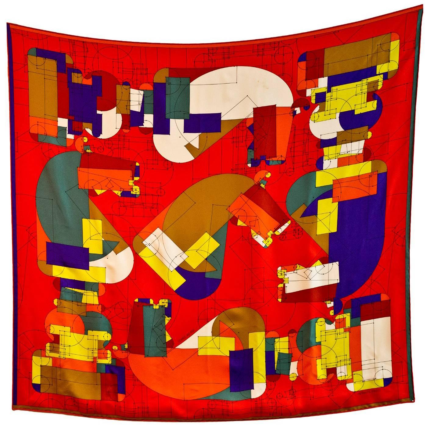 Hermes Red/Multicolor Echec Au Roi "Checkmate" Silk 90cm Scarf