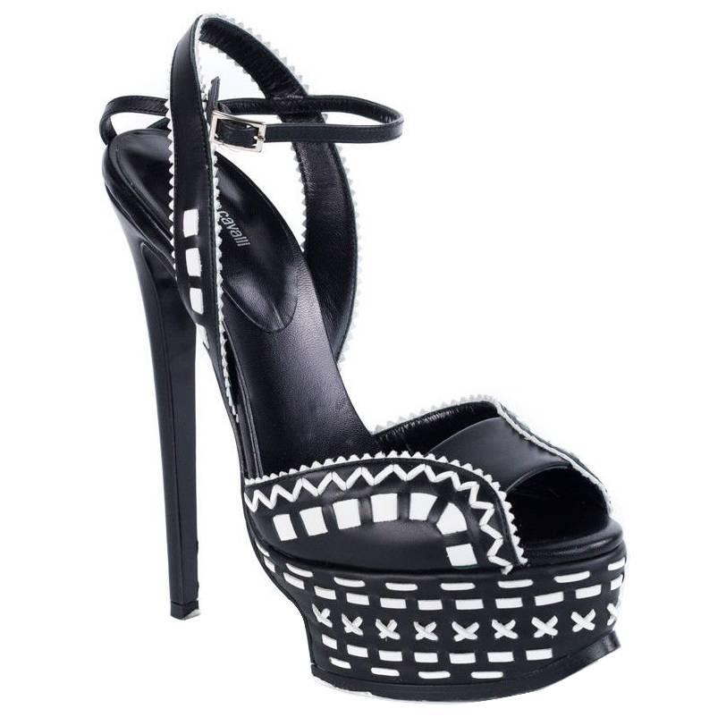 Roberto Cavalli Black & White Patterned Platform Pumps  For Sale