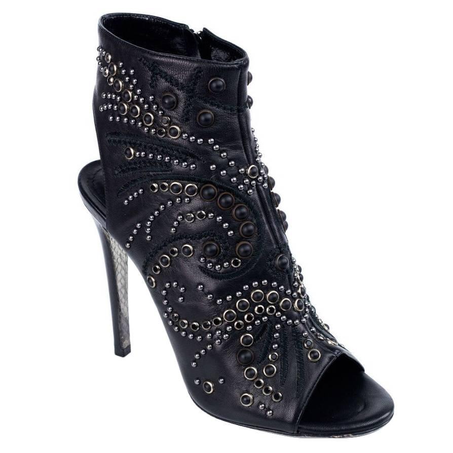 Roberto Cavalli Women's Black Leather Peep Toe Ankle Boot  For Sale