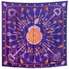 Hermes Purple "LES CLES" Key Print Silk 90cm Scarf
