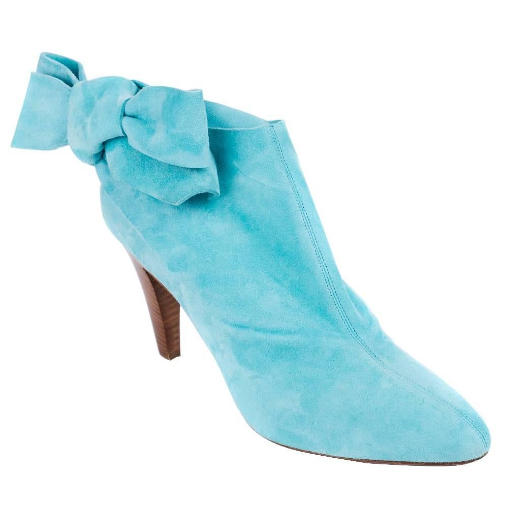 Roberto Cavalli Light Blue Suede Bow Ankle Boots  For Sale