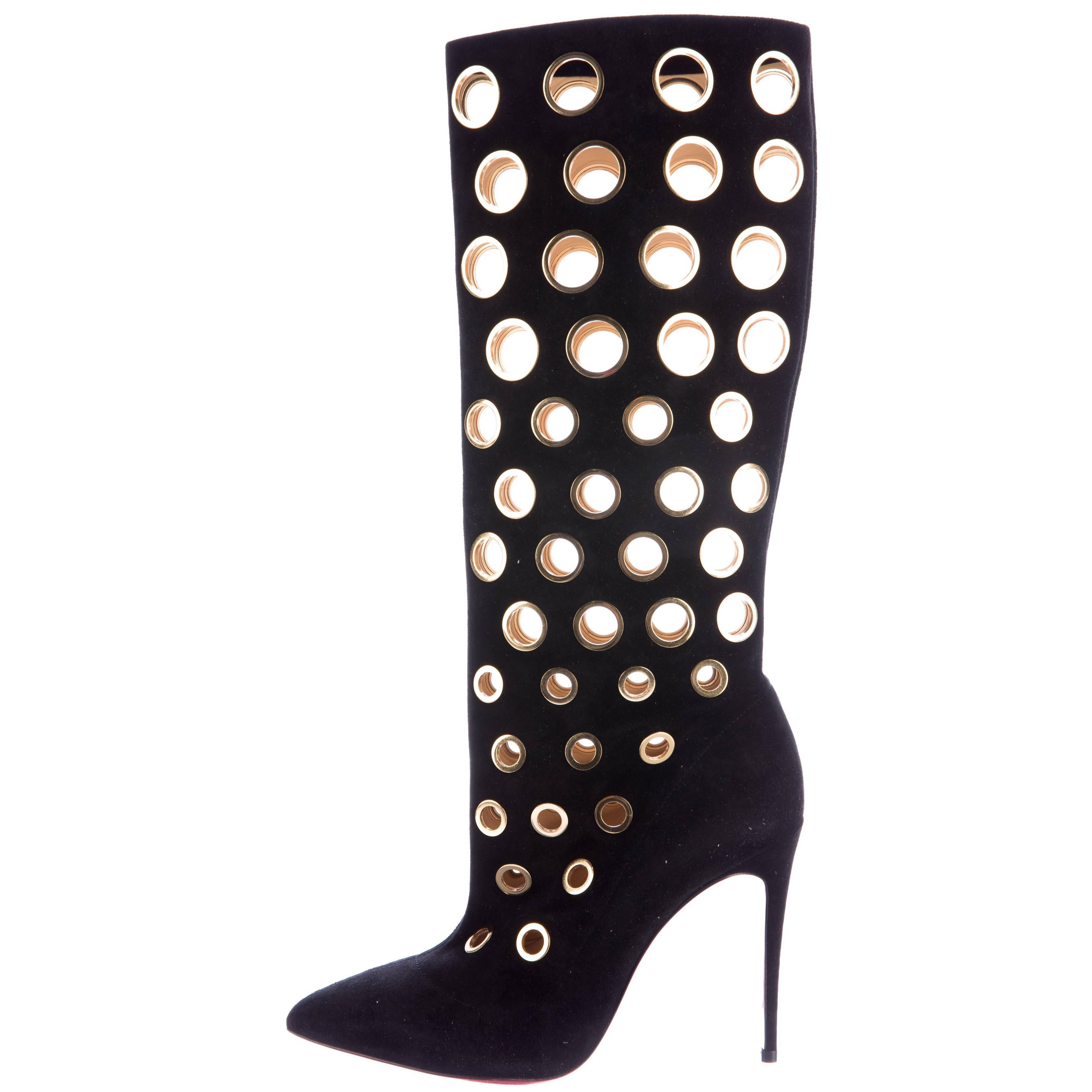 Christian Louboutin New Black Suede Gold Cut Out Knee High Heels Boots in Box