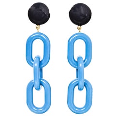 Prada Black & Blue Drop Chain-Link Clip-On Earrings with Box