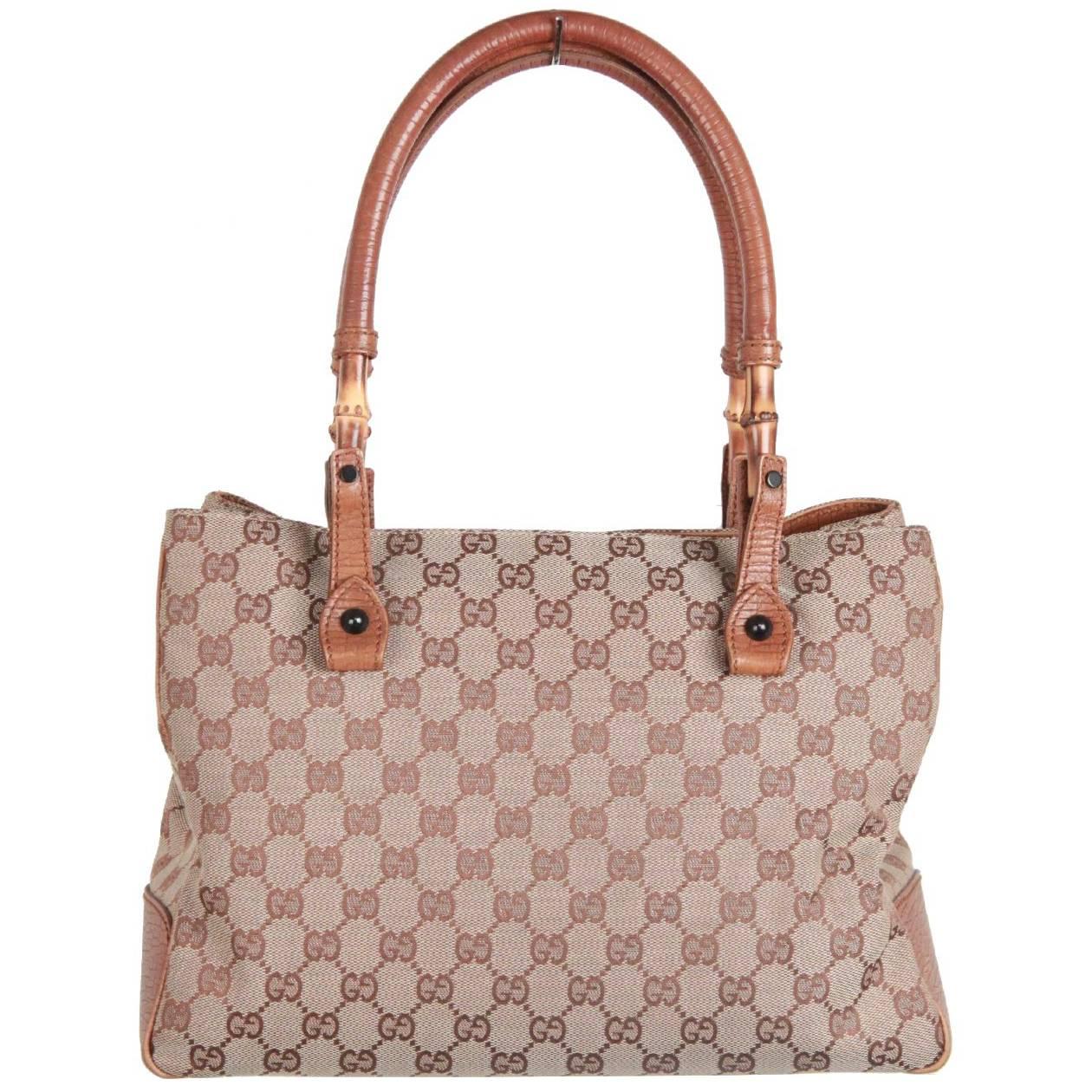 GUCCI Beige Monogram Canvas TOTE Bag w/ BAMBOO Detail