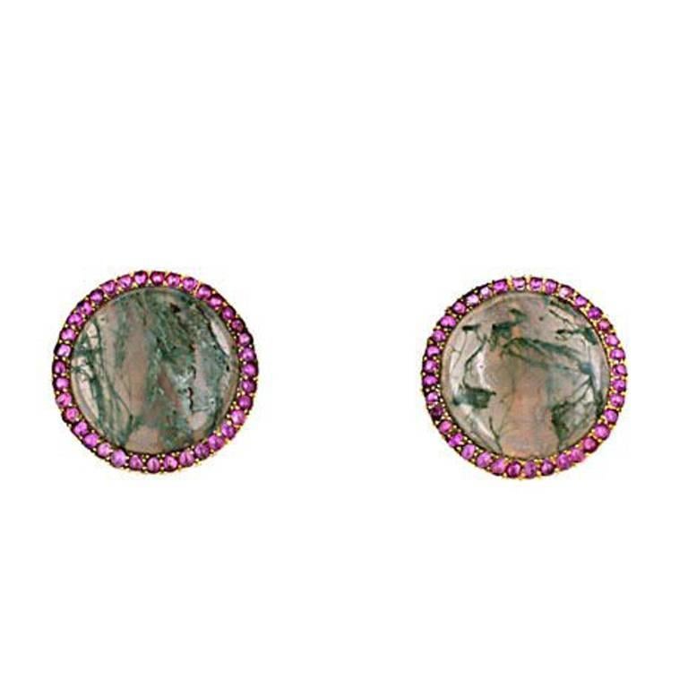 Moss Agate Ruby gold Clip Earrings