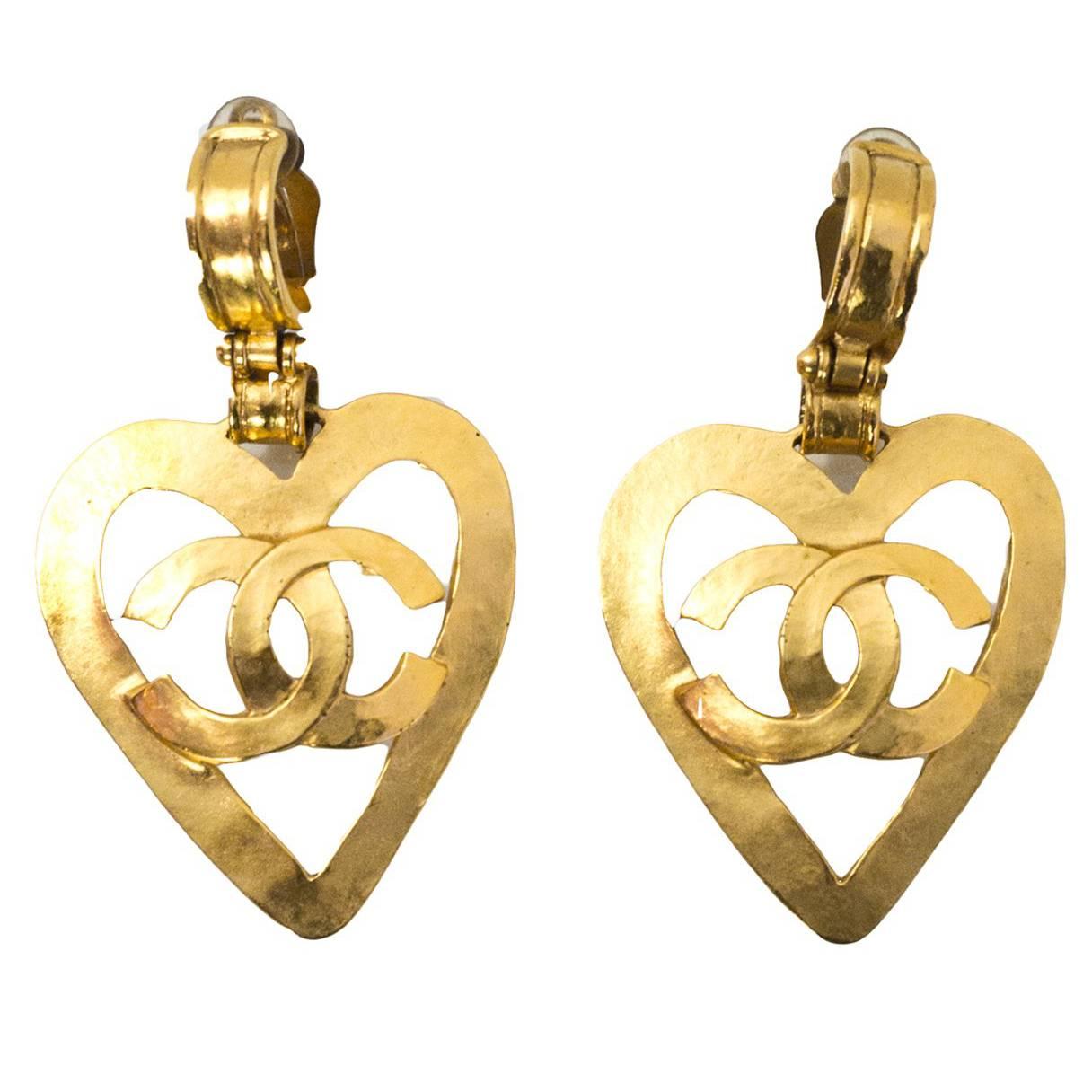 Chanel '90s Large CC Heart Clip-On Earrings with Box