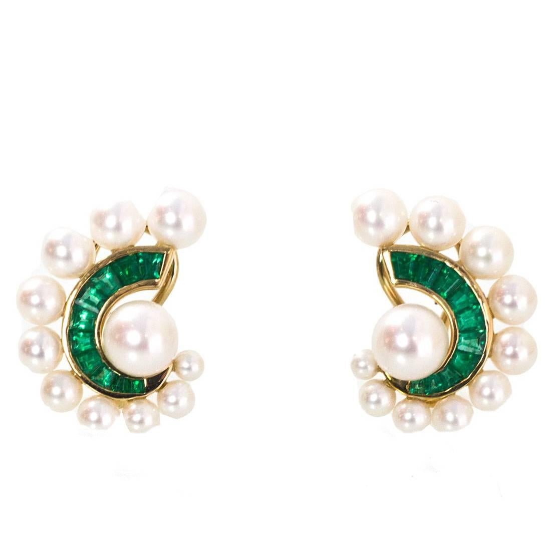 Seaman Schepps 18k Gold, Pearl & Emerald Clip-On Earrings