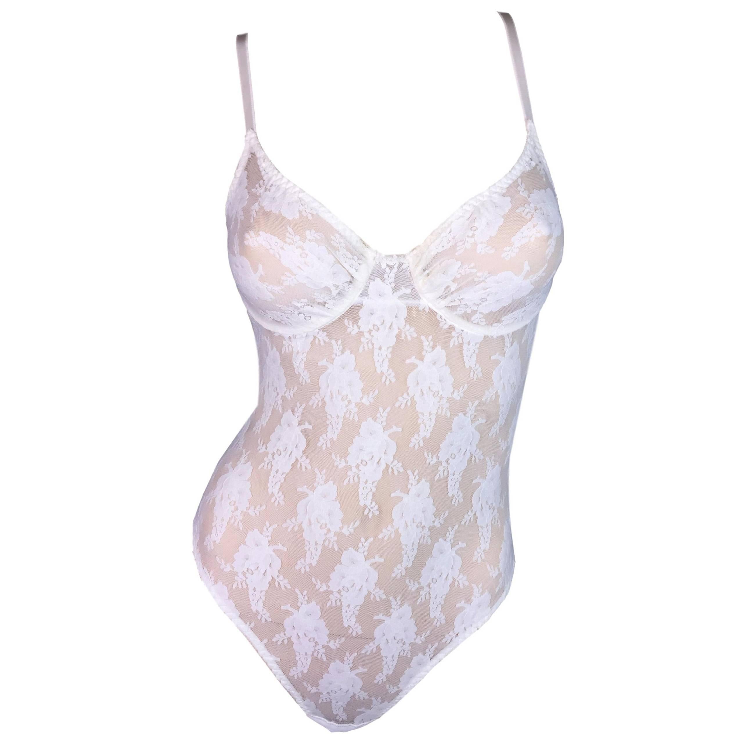 1990's Christian Dior Ivory Mesh Lace Sheer Underwire Bodysuit Top S