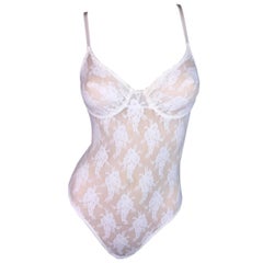 1990's Christian Dior Ivory Mesh Lace Sheer Underwire Bodysuit Top S