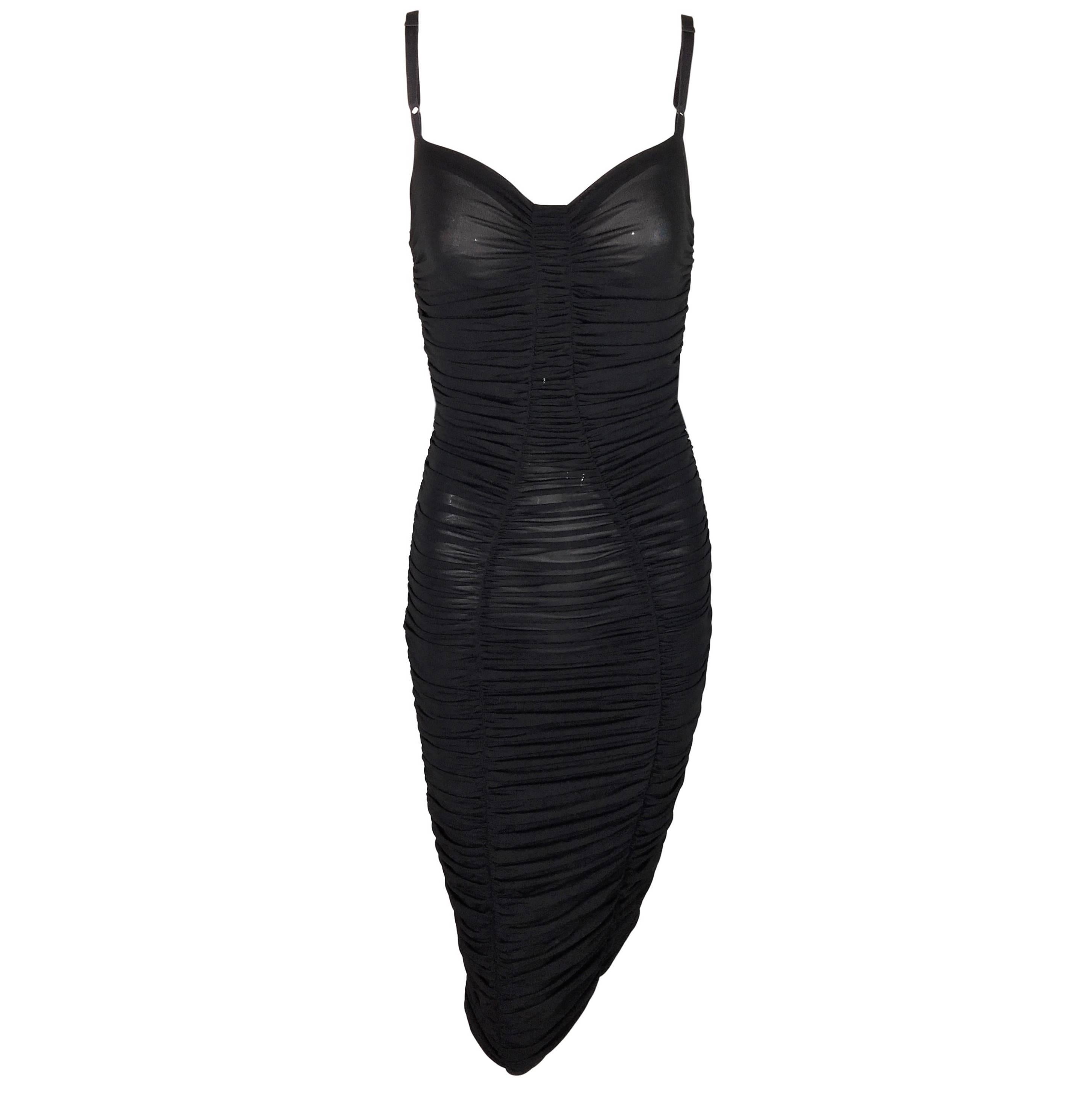 C. 1995 Dolce & Gabbana Sheer Black Ruched Pin-Up Wiggle Dress