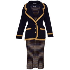 Vintage 1980s YVES SAINT LAURENT Rive Gauche Black and Gold Suit Dress 