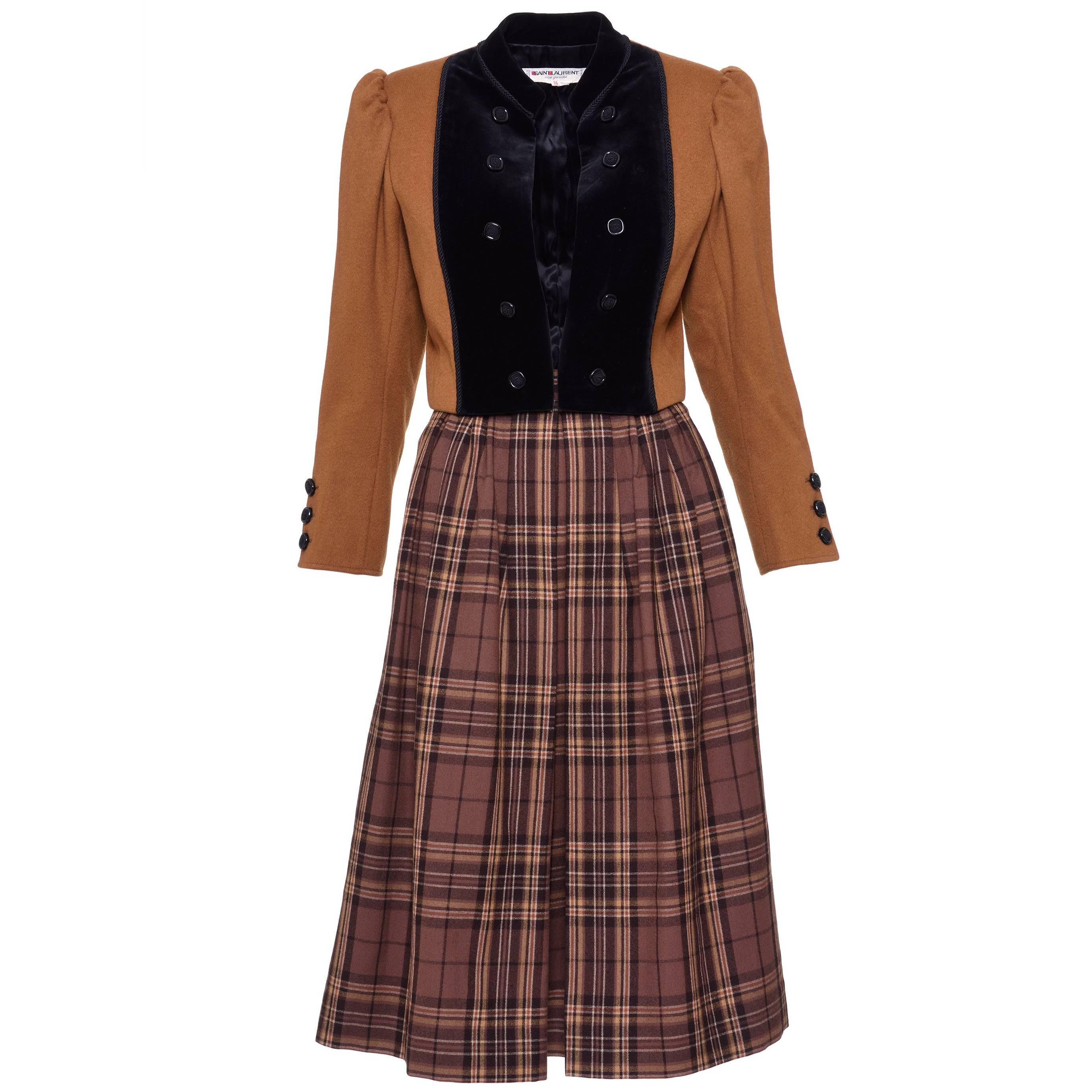 1980s YVES SAINT LAURENT Rive Gauche Tartan and Velvet Brown Suit Skirt  For Sale