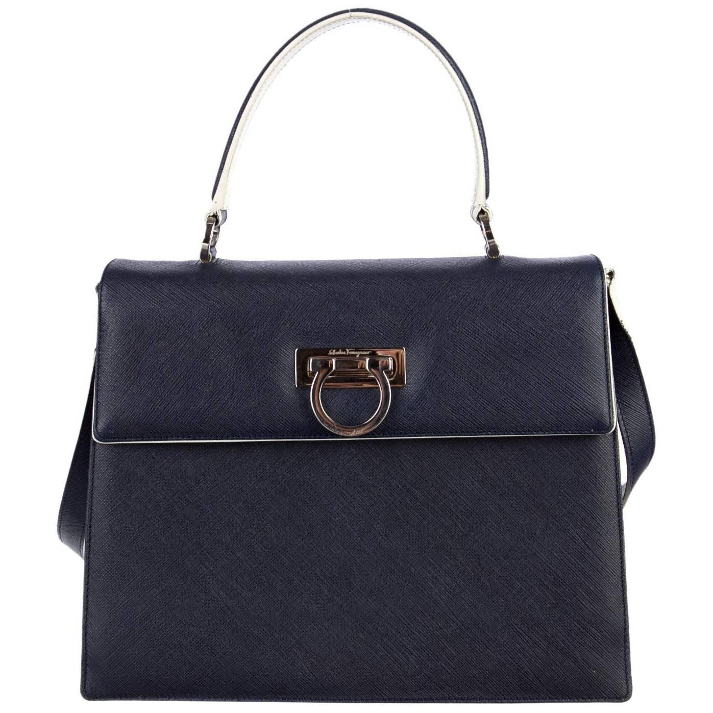 Salvatore Ferragamo Blue Leather Top Handle Shoulder Bag