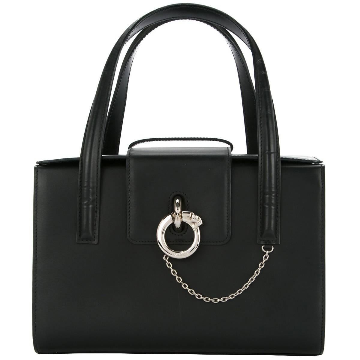 Cartier Black Leather Silver Chain Evening Top Handle Satchel Tote Bag