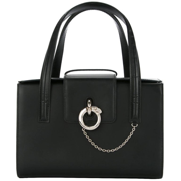 Cartier Black Leather Silver Chain Evening Top Handle Satchel Tote Bag ...