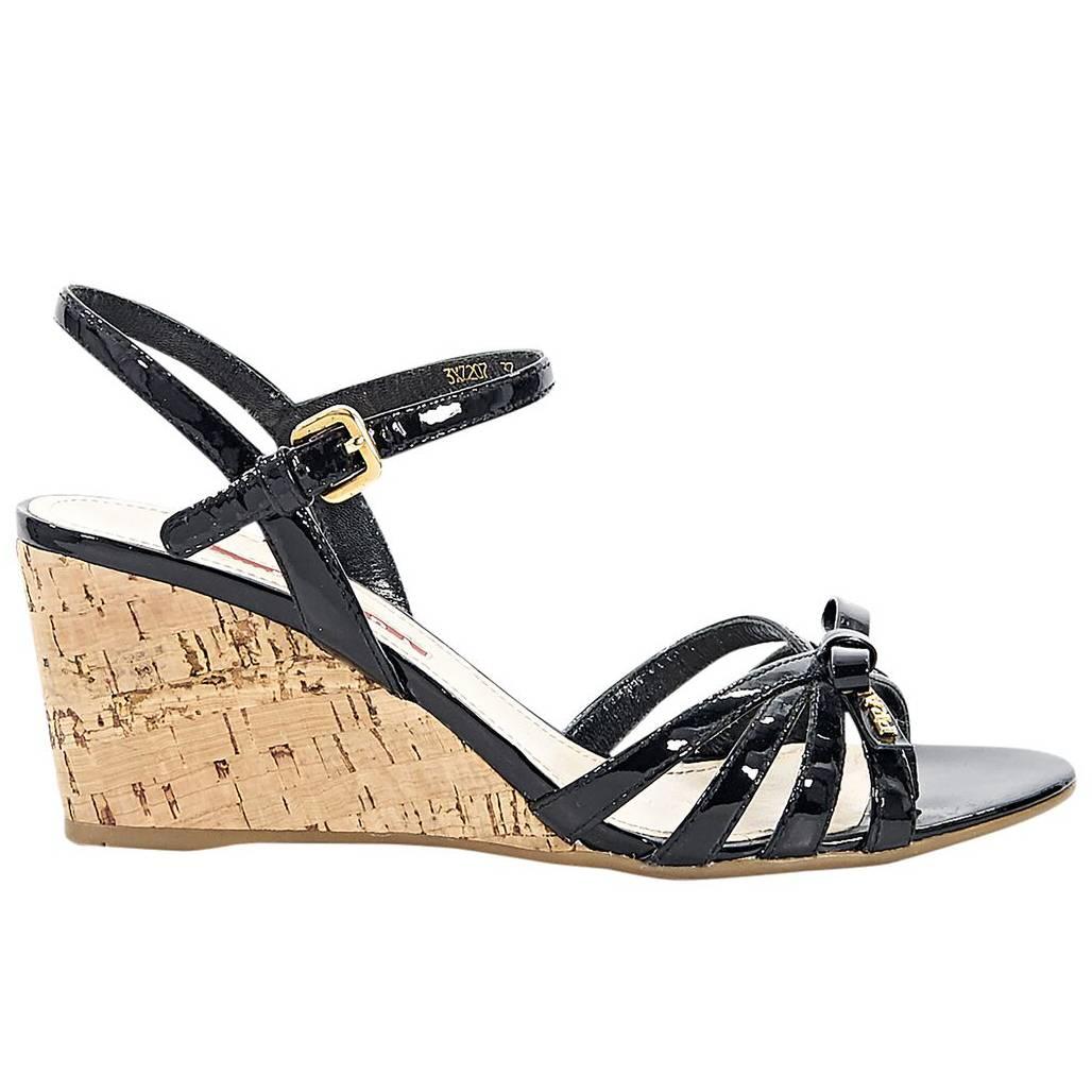 Black Prada Sport Patent Leather Wedge Sandals