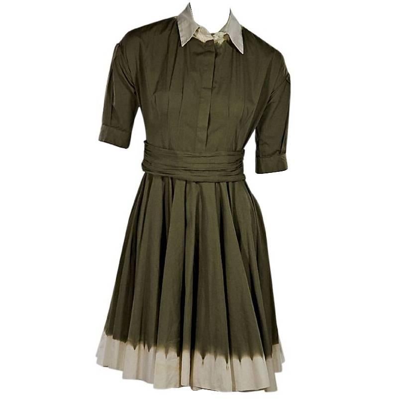 Green Prada Pleated Fit-and-Flare Dress