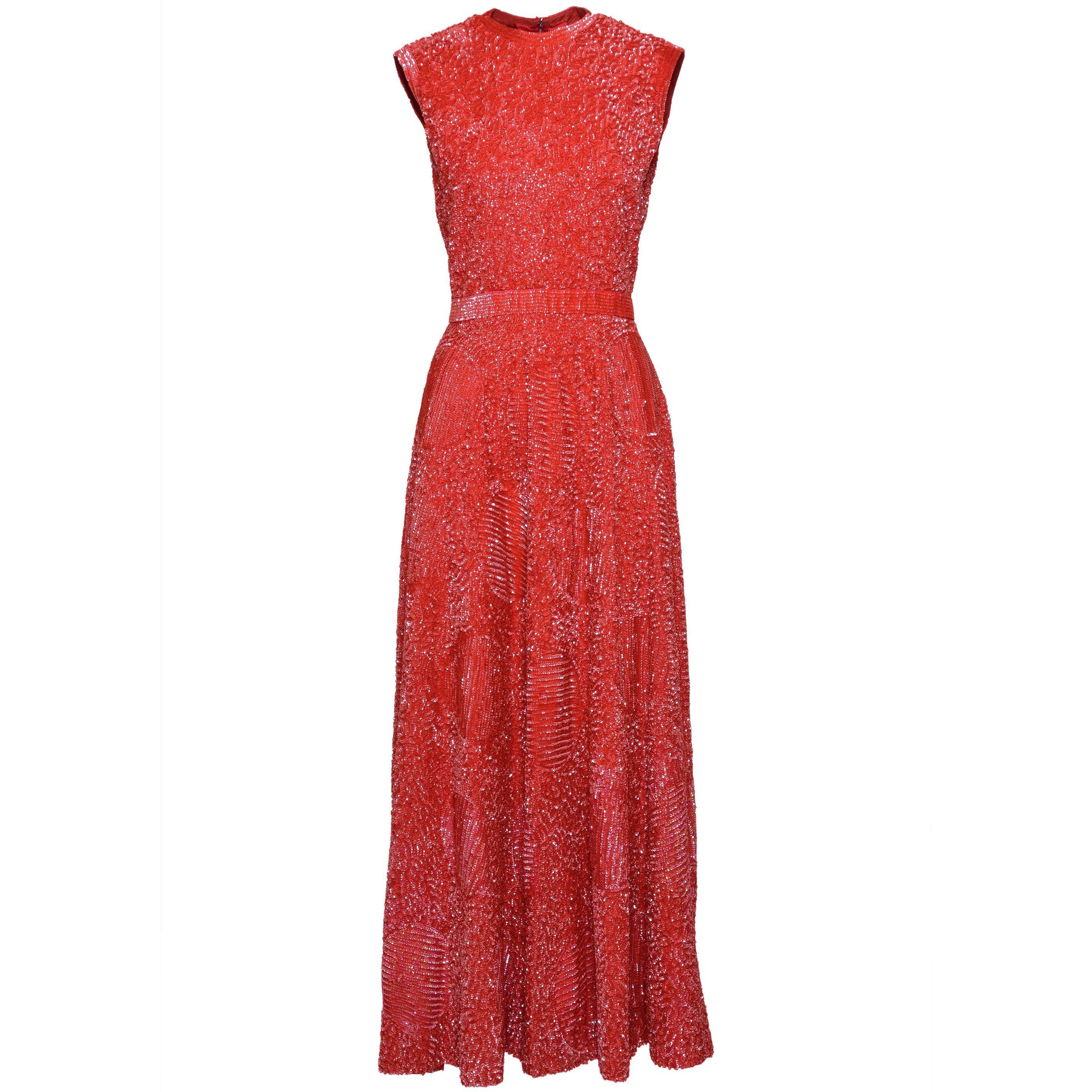1960s Red Sequins Evening Long Dress