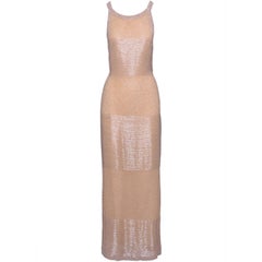 1990s Cream Bugle Beads Evening Long Dress