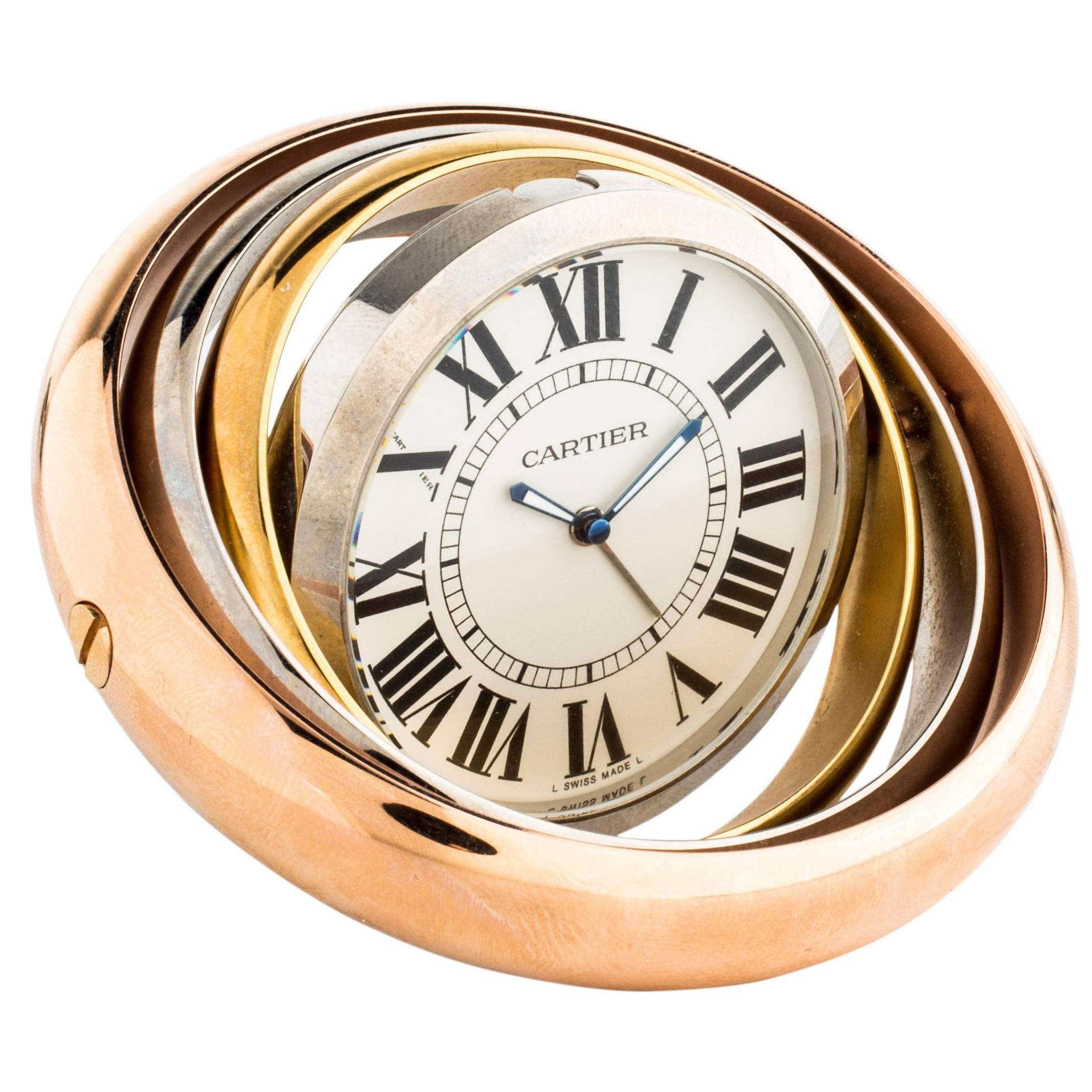 Cartier Tri Tone Silver Rose Gold Men's Round Rotating Travel Desk Table Clock 