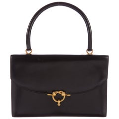 Hermes Black Leather Gold Rope Kelly Style Evening Top Handle Satchel Flap Bag