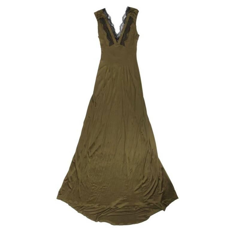 CHRISTIAN LACROIX Evening Gown in Khaki Green Satin Viscose Size 40FR
