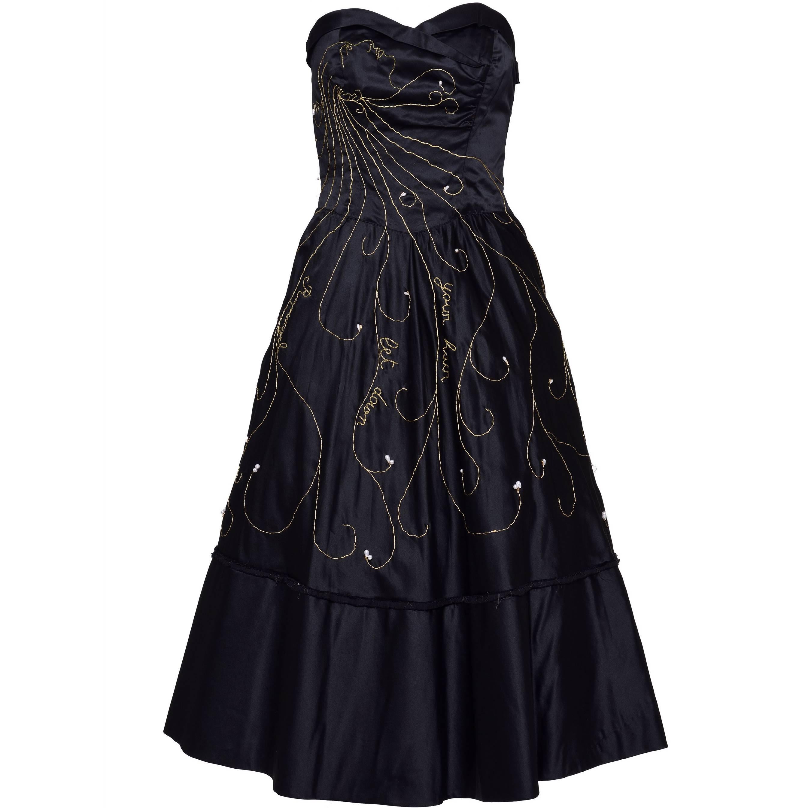 1950s Black Trimming Embroidery Silk Cocktail Evening Strapless Circle Dress For Sale