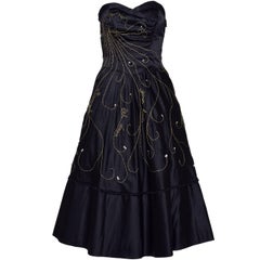 Vintage 1950s Black Trimming Embroidery Silk Cocktail Evening Strapless Circle Dress