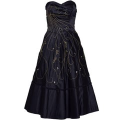 1950s Black Trimming Embroidery Silk Cocktail Evening Strapless Circle Dress