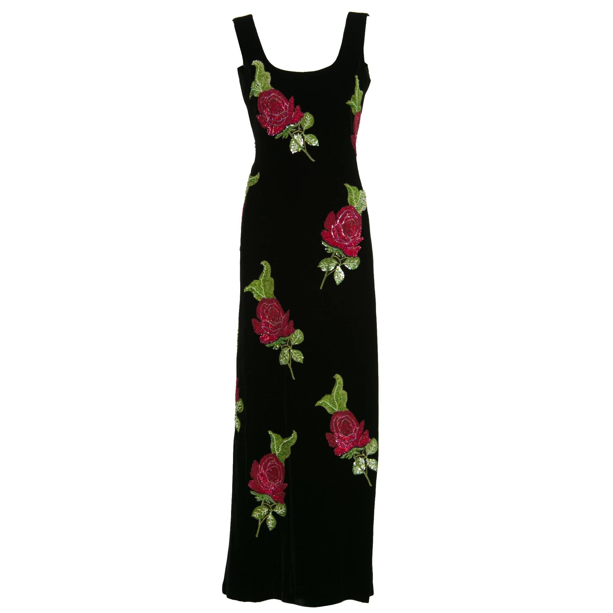 1990s Giorgio Armani  Black Velvet Hand Sequined Beaded Roses Evening Dress