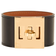 Hermes Black Box Leather Kelly Dog Cuff Bracelet with Gold Hardware Chic