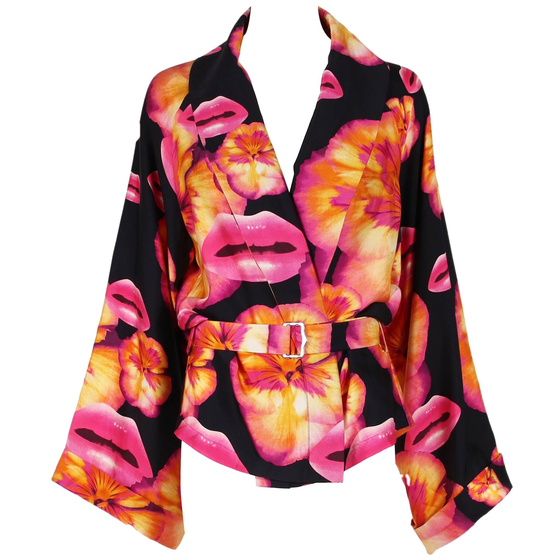 Christian Dior by Joh Galliano Silk Lip & Flower Print Kimono Style Top Jacket