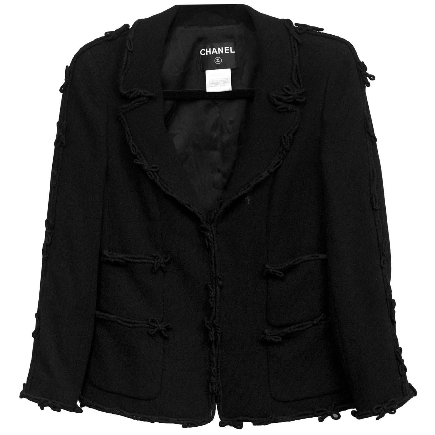 Chanel Black Wool Jacket with Bow Trim Detail Sz FR38