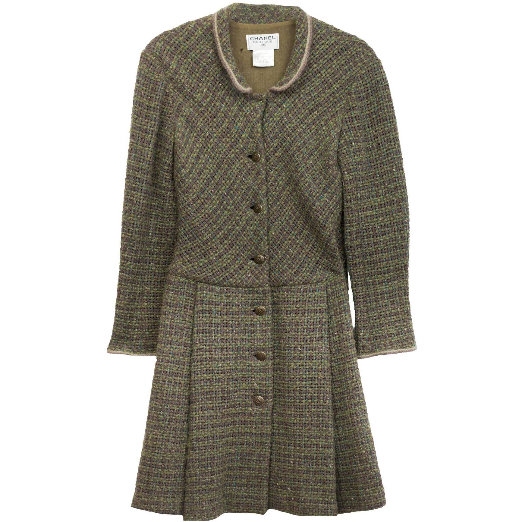 Chanel Green & Brown Wool Sweater Coat Sz FR40