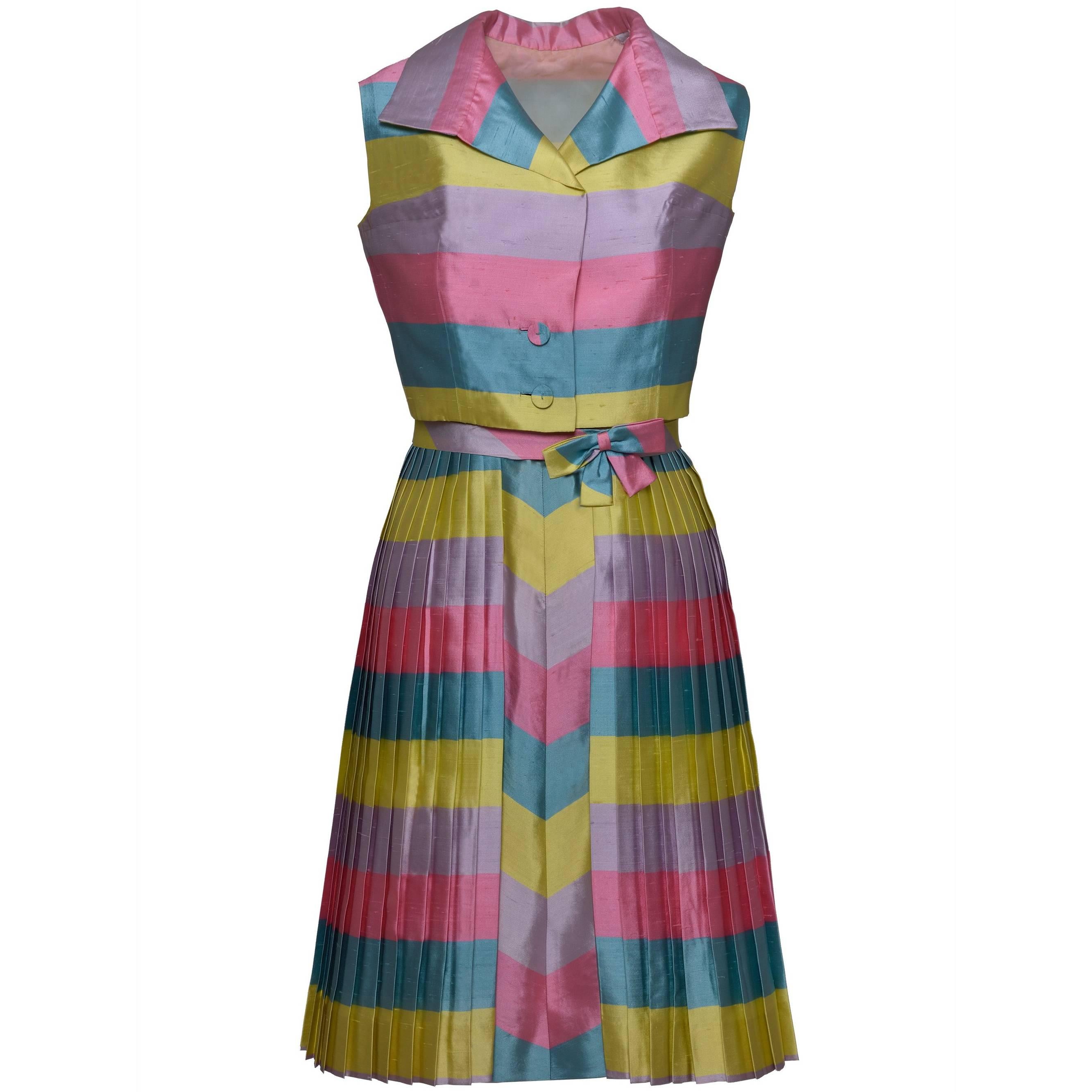 1950s Pastel Color Striped Print Cocktail Dress with Bolero For Sale