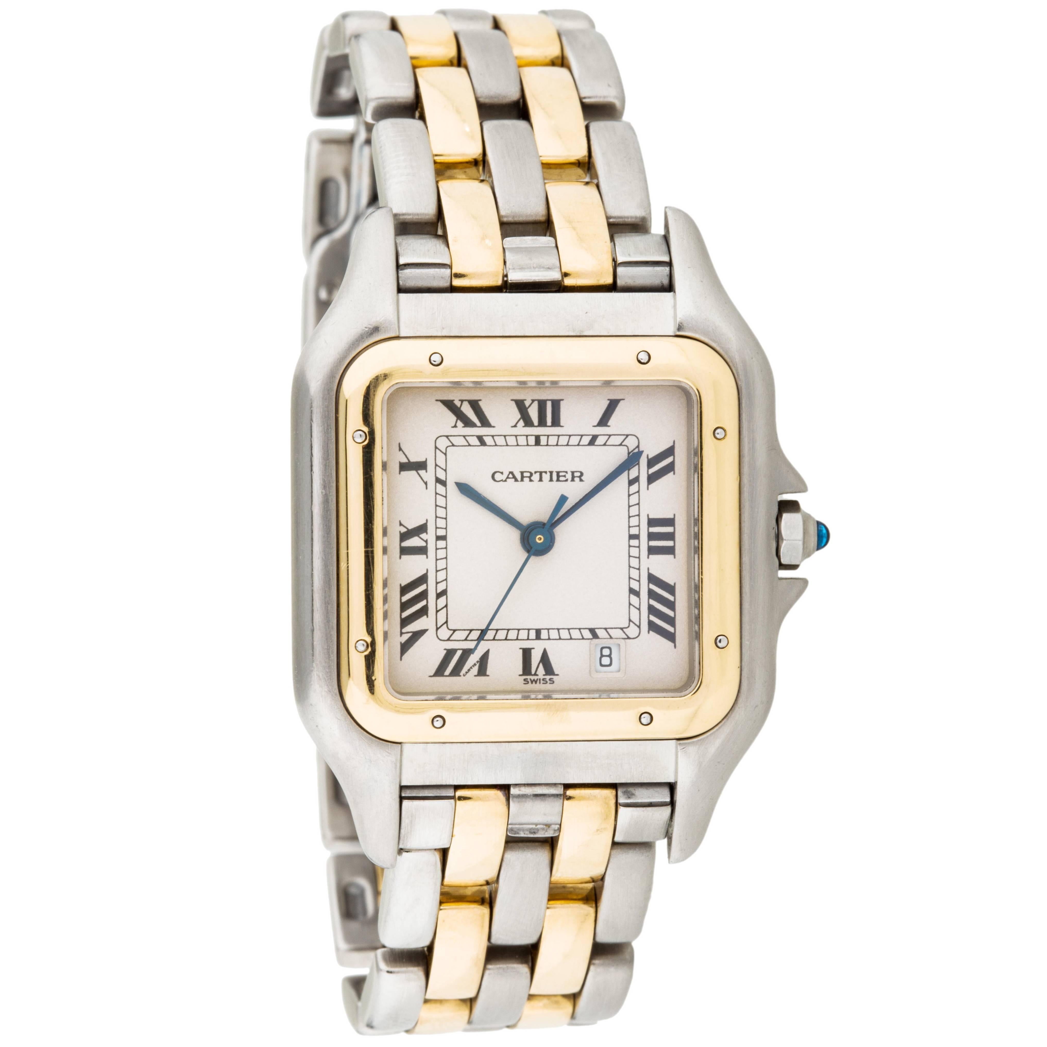 Cartier Two-Tone Date Stainless Steel Gold Chain Link Women's Wrist Dress Watch