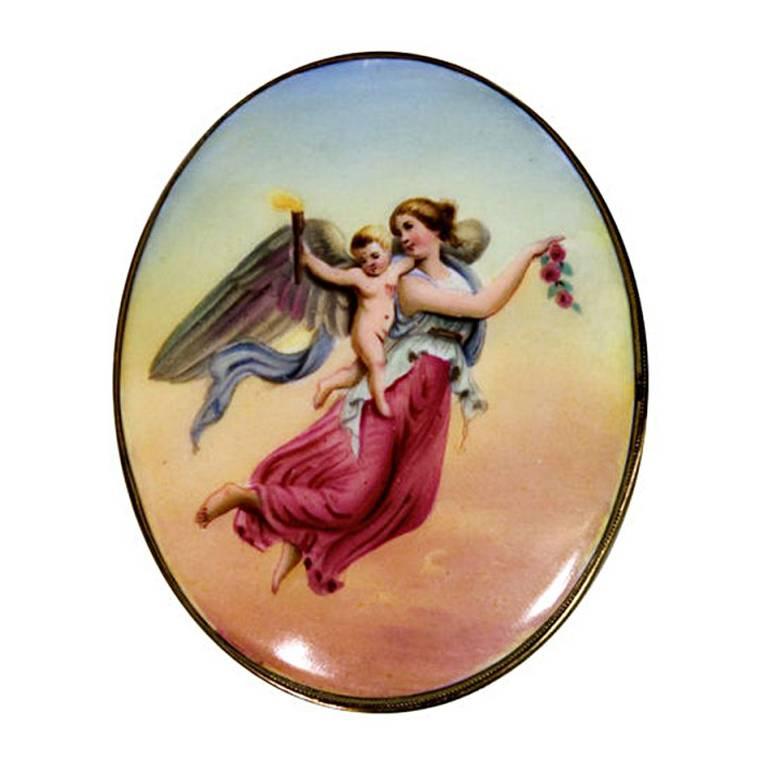 Victorian Handpainted Porcelain Nike Winged Victory Brooch For Sale