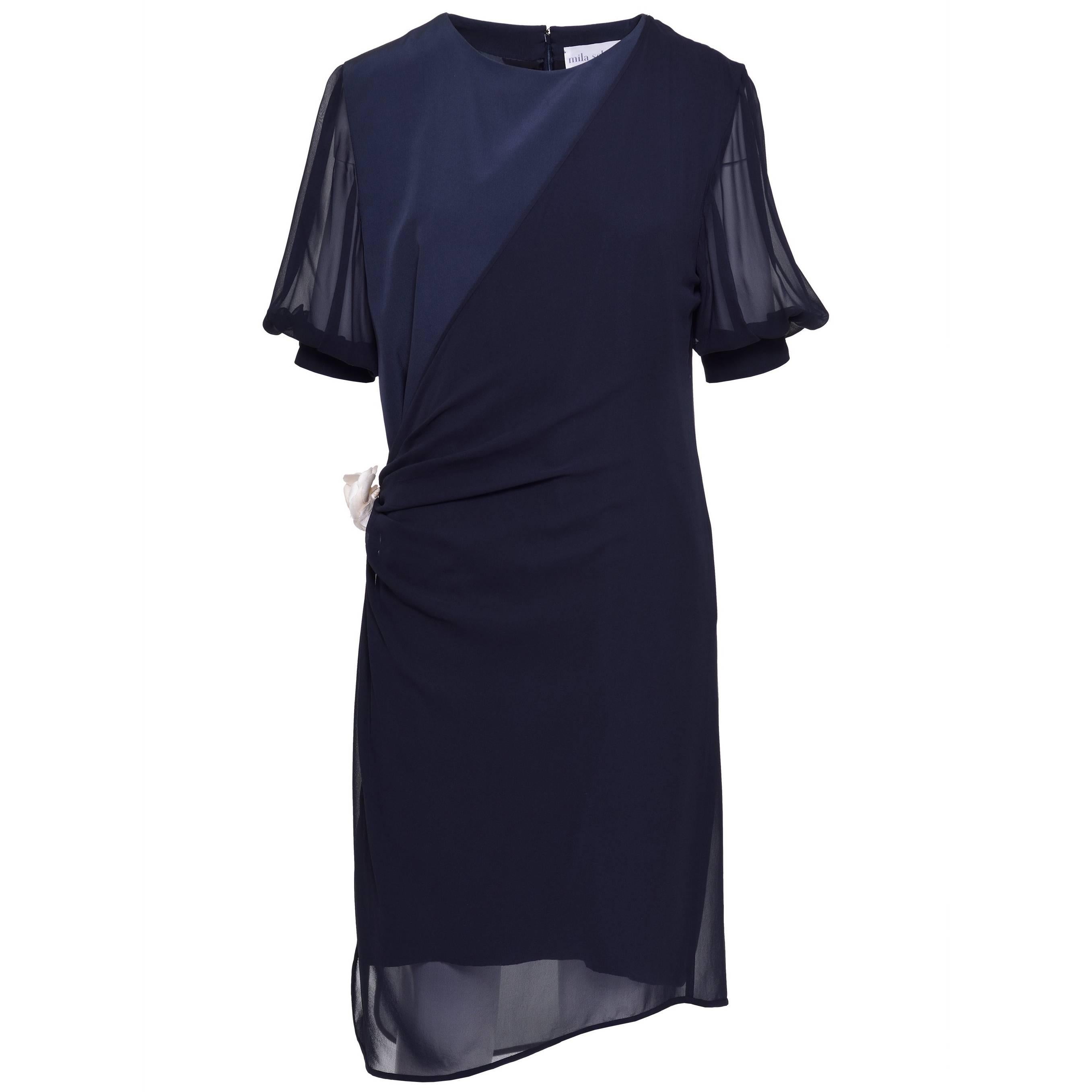 1990s Mila Schön Navy Blue Silk Dress For Sale