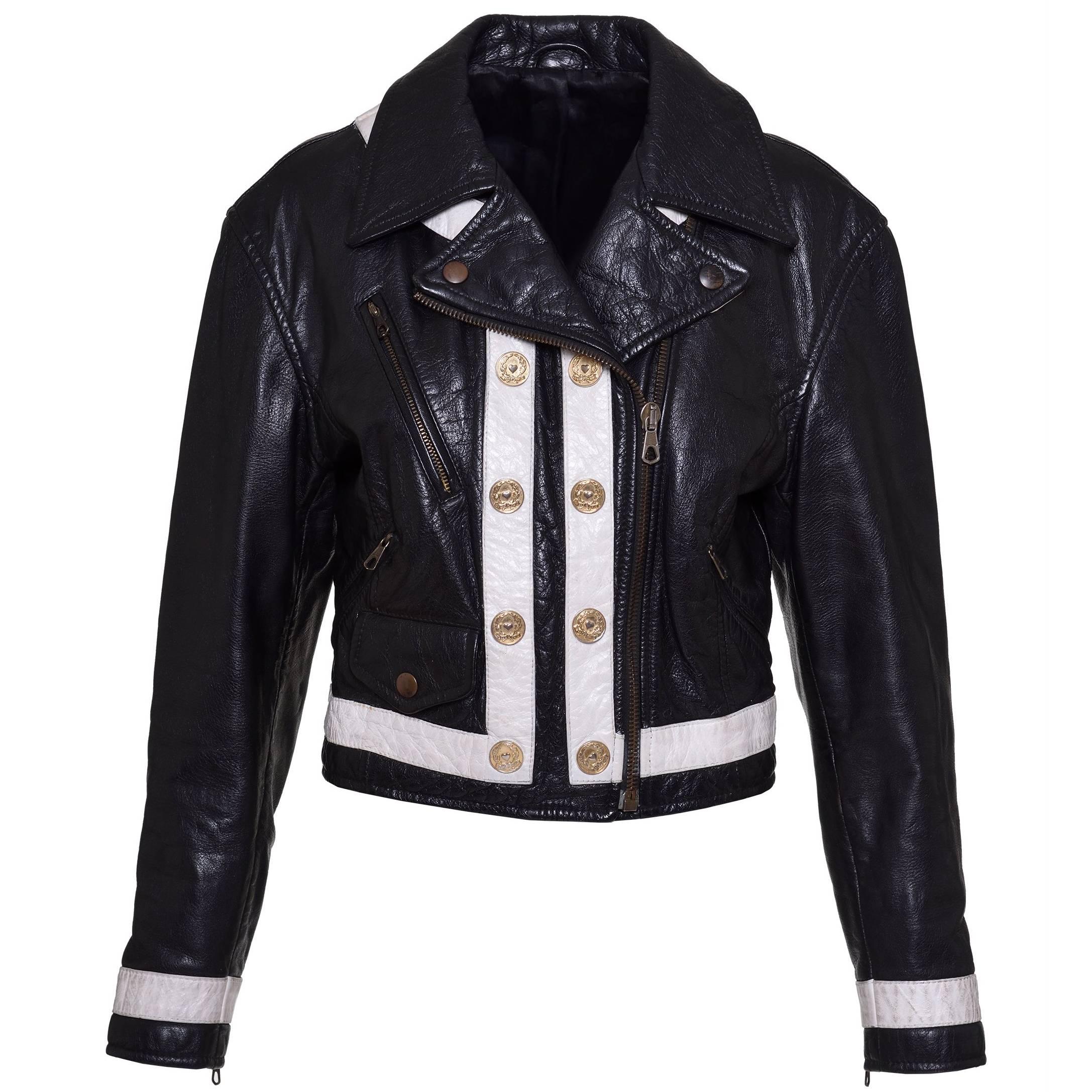 1990s MOSCHINO Cheap and Chic Black and White Motorcycle Leather Jacket For Sale