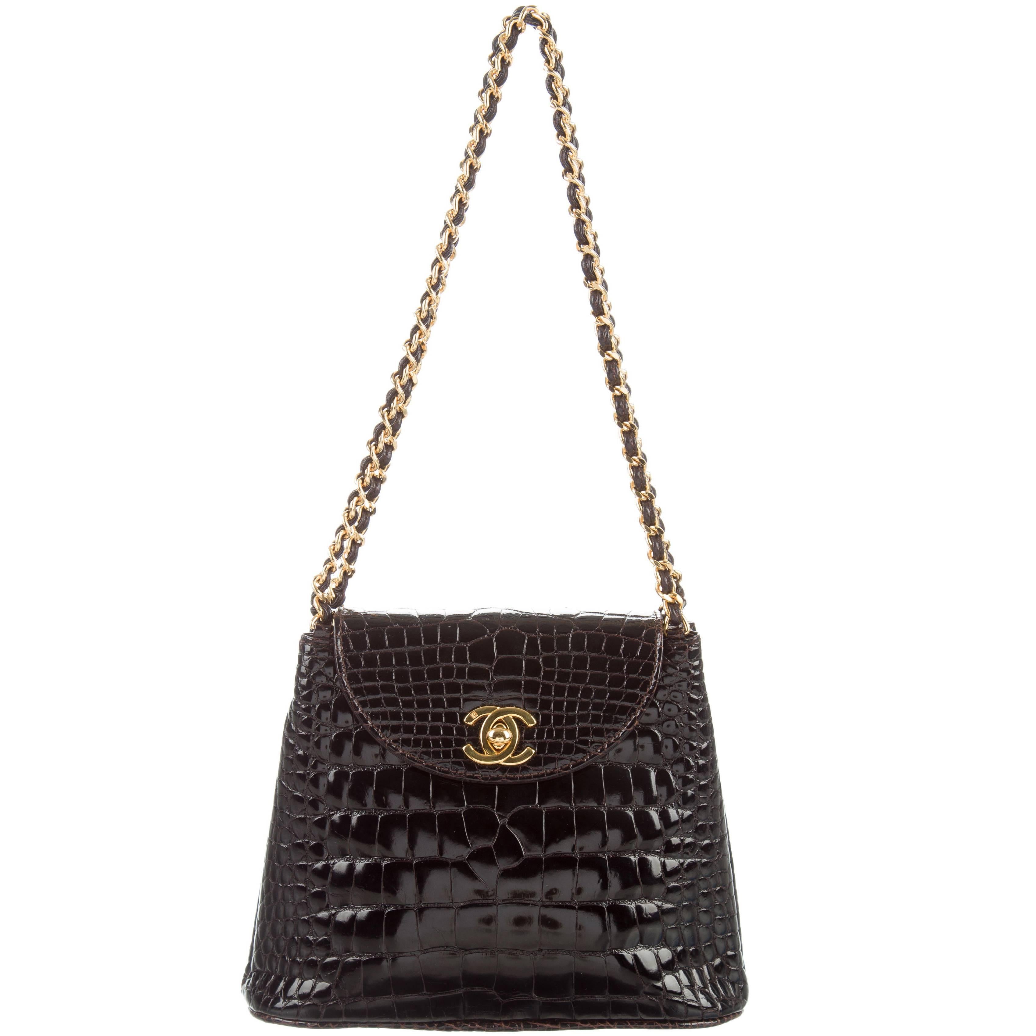 Chanel Dark Chocolate Crocodile CC Clutch Evening Satchel Flap Bag W/Accessories