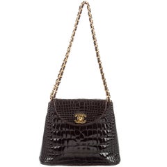 Retro Chanel Dark Chocolate Crocodile CC Clutch Evening Satchel Flap Bag W/Accessories