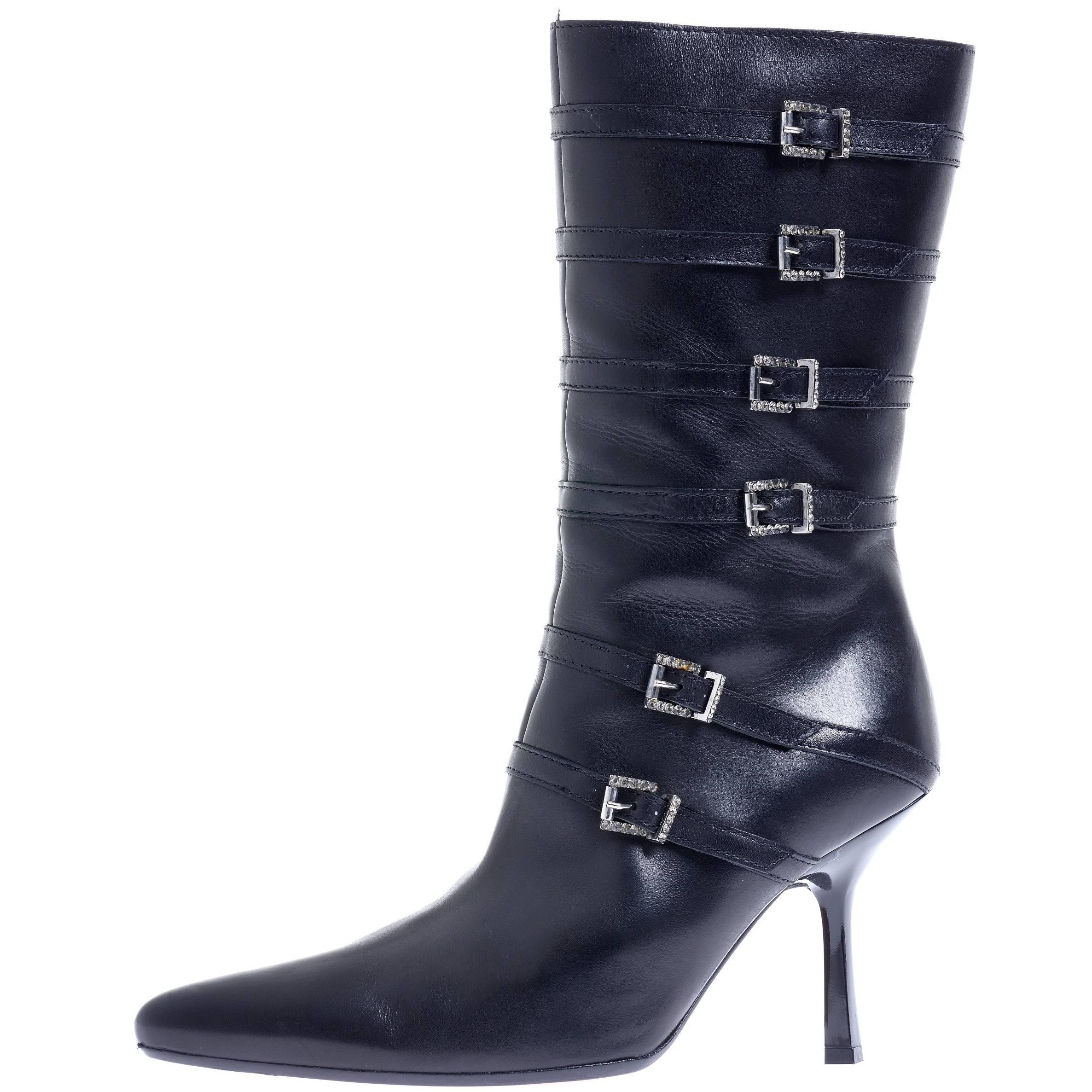 RENE CAOVILLA Black Leather Buckles High Heel Boots EU 39 For Sale